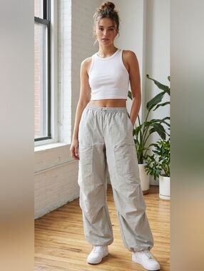 Zara Light Gray Parachute Cargo Pants Size S